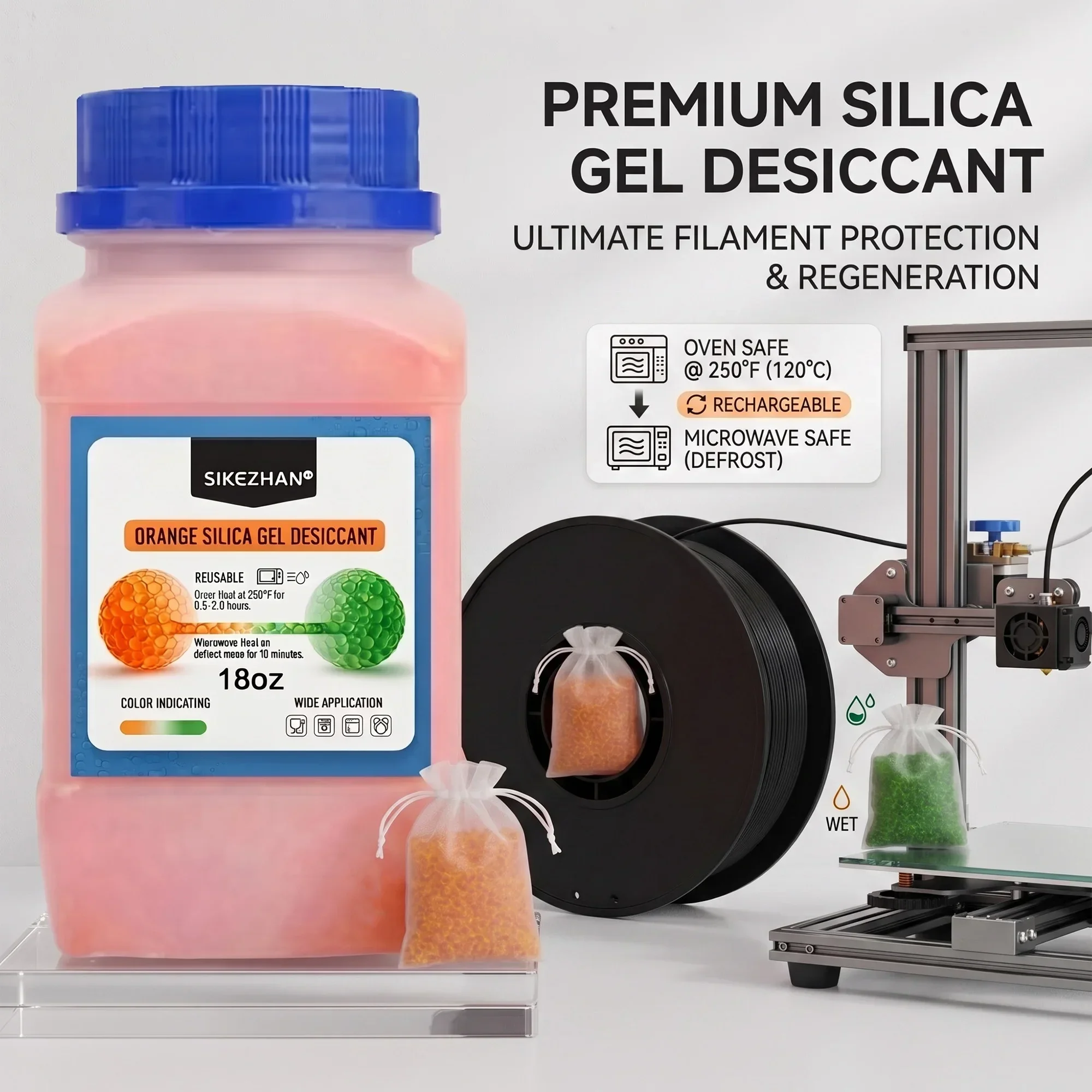Enclosure 3D Printer - 3D-printer filament droogmiddel oranje silicagelkorrels kleurindicatie